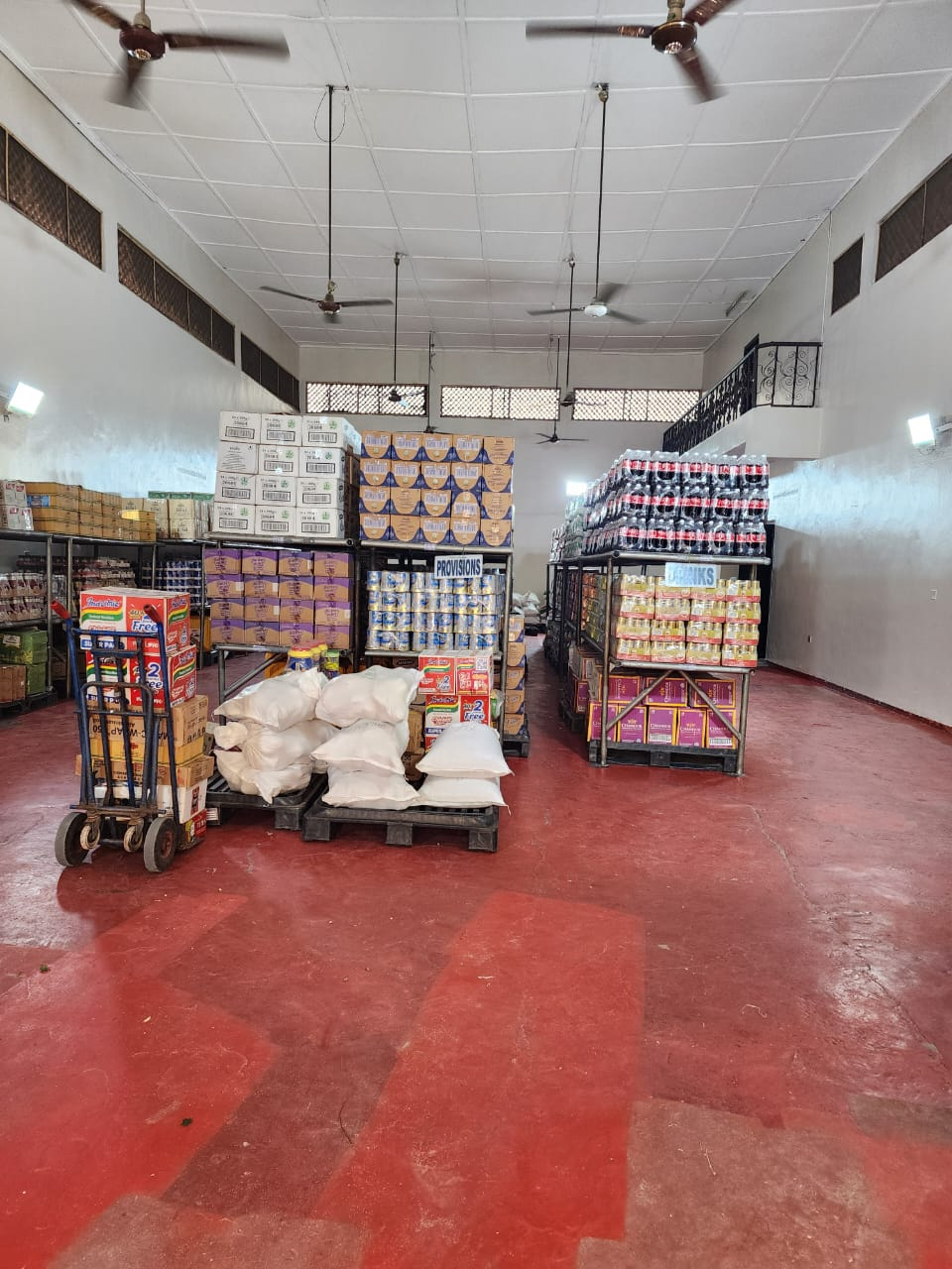 Provisions and drinks hall with palletised stock at the bonded warehouse