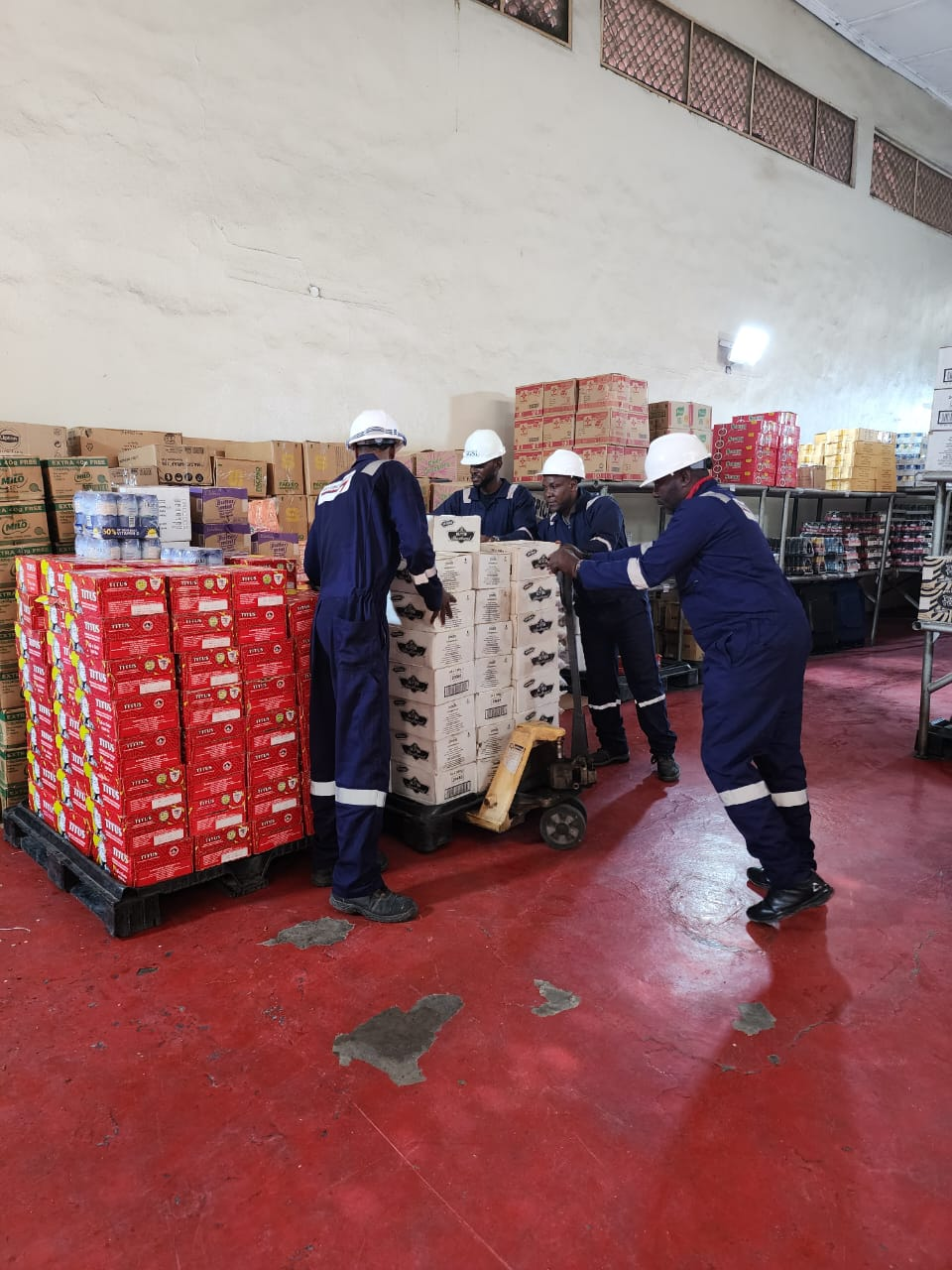 Warehouse crew in coveralls and hard hats moving palletised provisions with a pallet jack