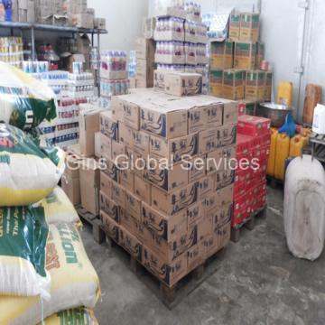 Palletised dry goods and provisions inside the bonded warehouse